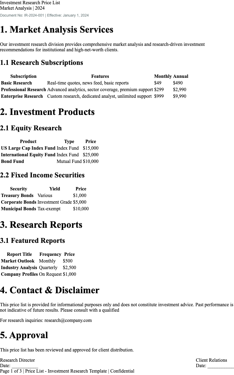 Investment Research price list Template